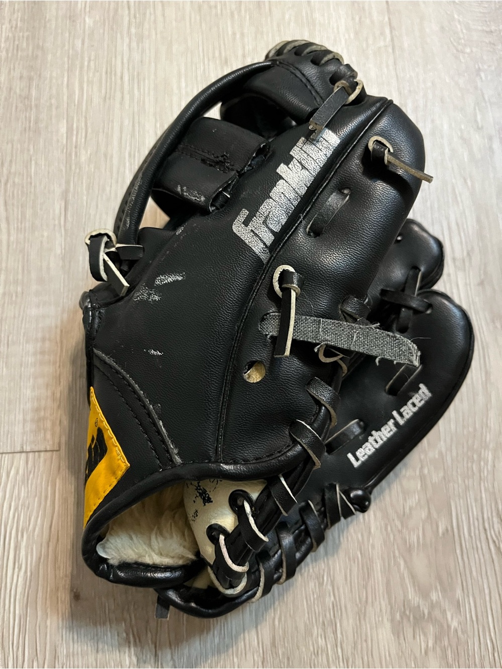 Franklin Kids Black Leather Baseball Glove with Yellow Accent